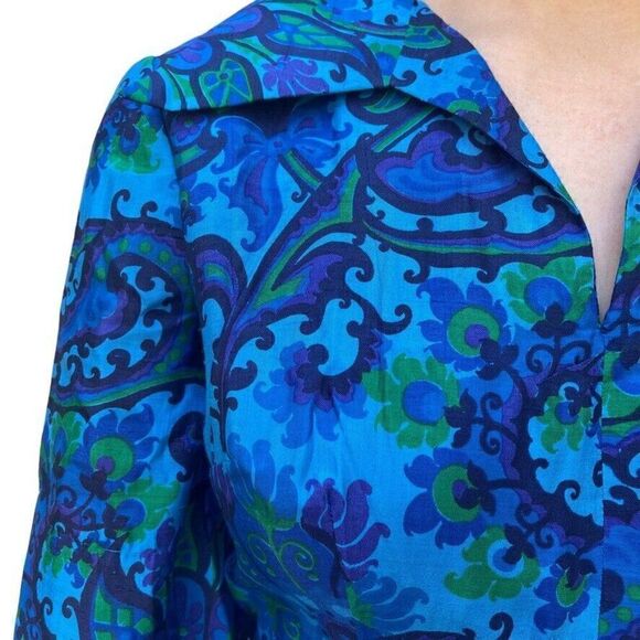 Vintage 1970s Womens Handmade Blue Floral Psychedelic Floral Disco Collar Dress - Picture 4 of 9